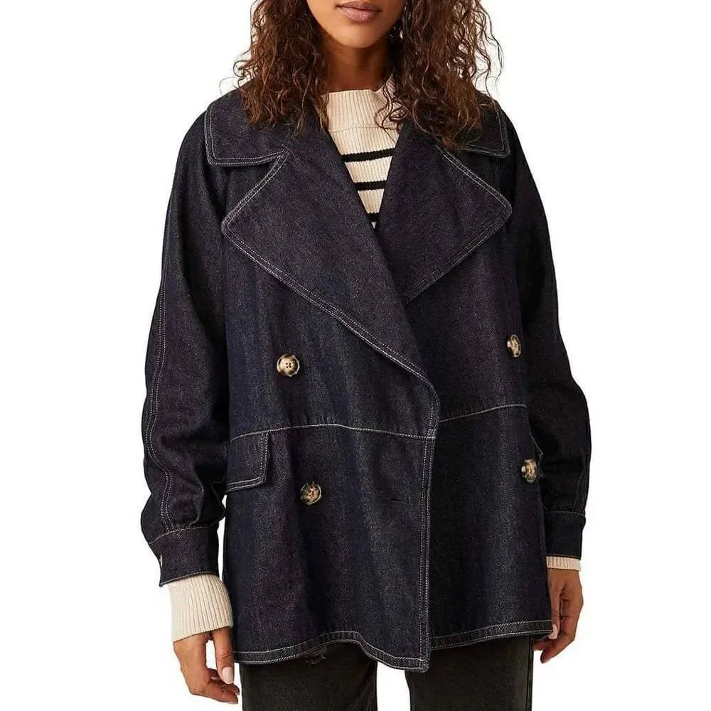 Free People Denim Long Sleeve Button Front Car Coat